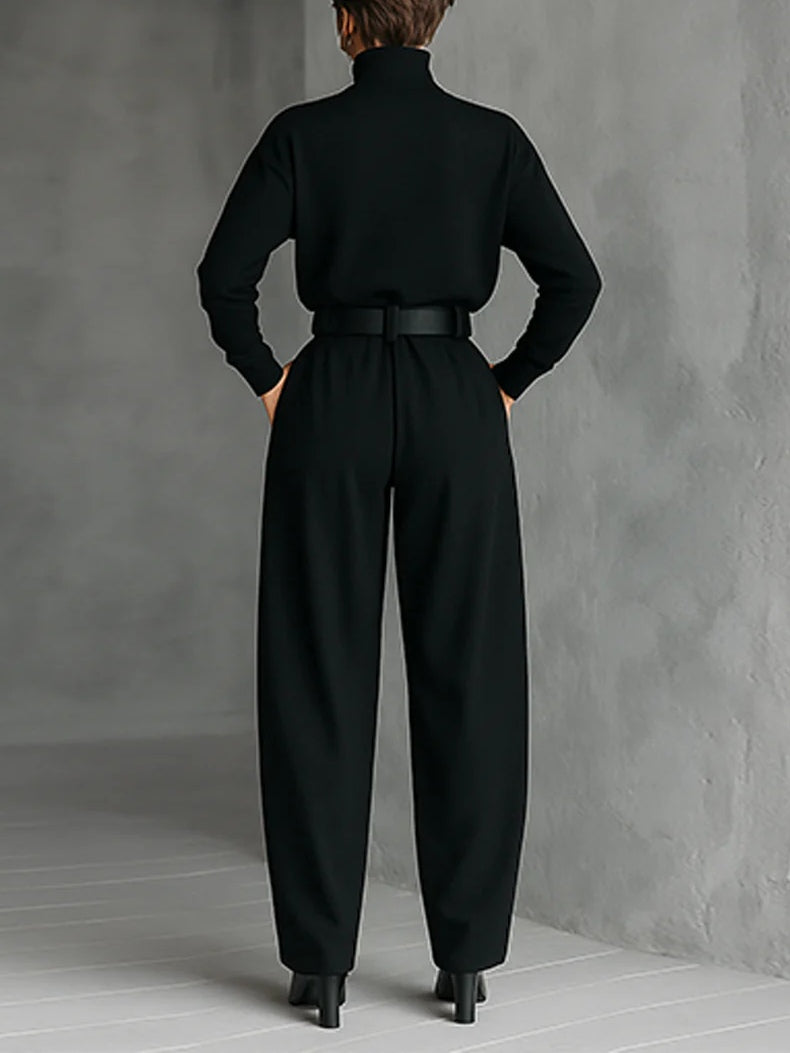 Set with Long-Sleeved Turtleneck Top, Straight-Leg Pants, and Belt for Women