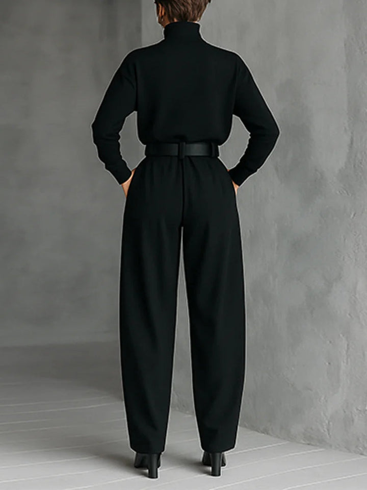 Set with Long-Sleeved Turtleneck Top, Straight-Leg Pants, and Belt for Women