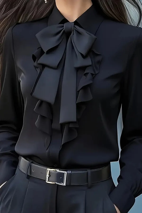 Long-Sleeved Shirt with Gathered Details and Tie Belt for Women