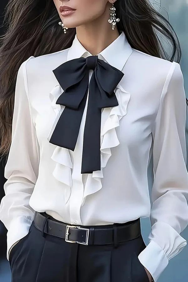 Long-Sleeved Shirt with Gathered Details and Tie Belt for Women