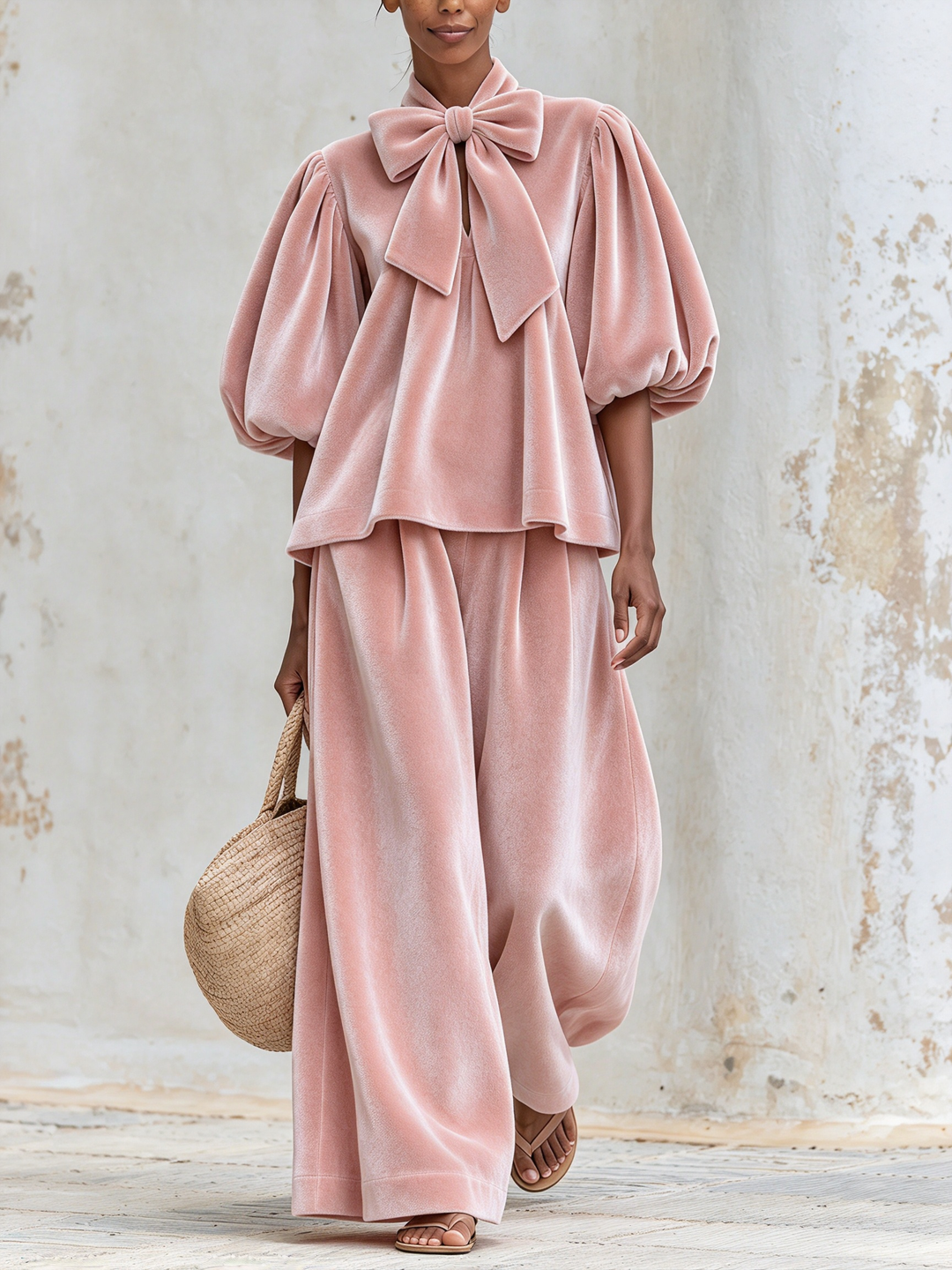 Women's Two-Piece Set with Bow Neck Top, Puff Sleeves, and Wide-Leg Pants
