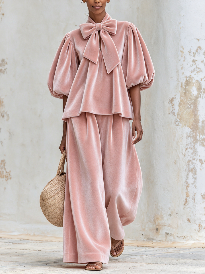 Women's Two-Piece Set with Bow Neck Top, Puff Sleeves, and Wide-Leg Pants