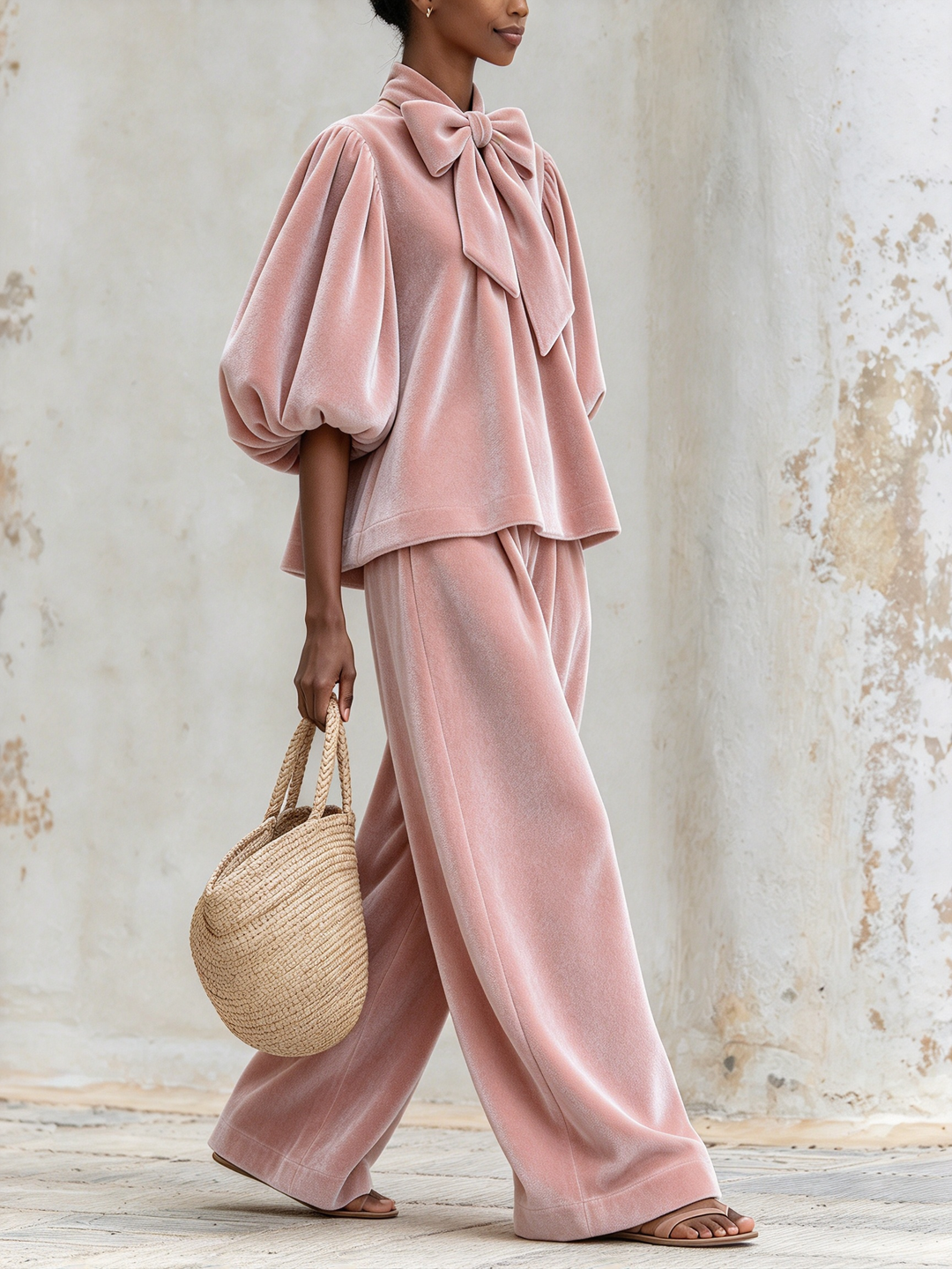 Women's Two-Piece Set with Bow Neck Top, Puff Sleeves, and Wide-Leg Pants