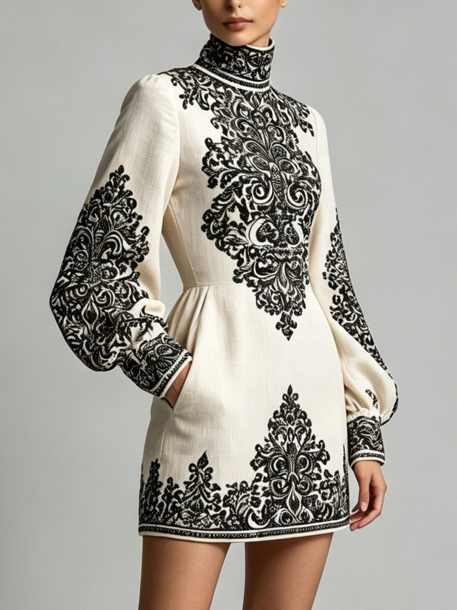 Women's mini dress with ornate pattern, high neckline and long sleeves