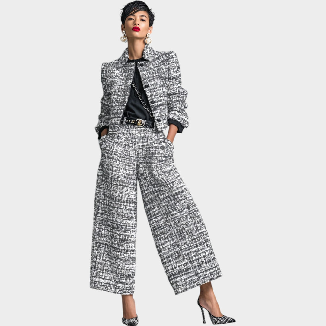 Tweed two-piece suit with wide-leg trousers for women