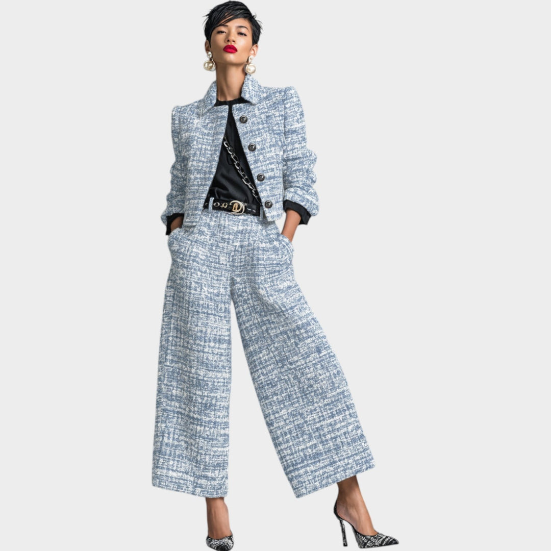 Tweed two-piece suit with wide-leg trousers for women