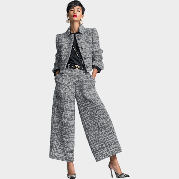 Tweed two-piece suit with wide-leg trousers for women