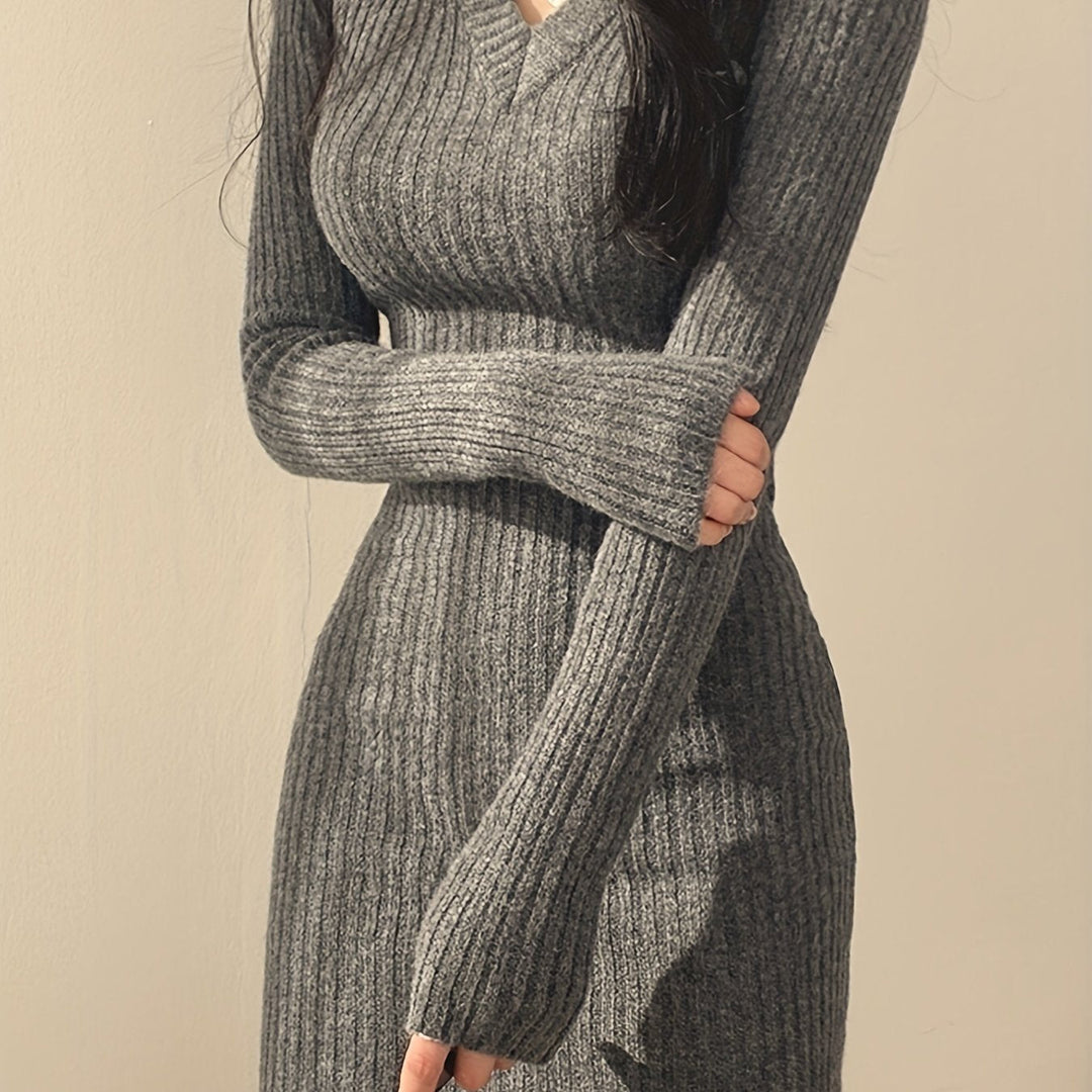 Ribbed V-neck Dress for Women