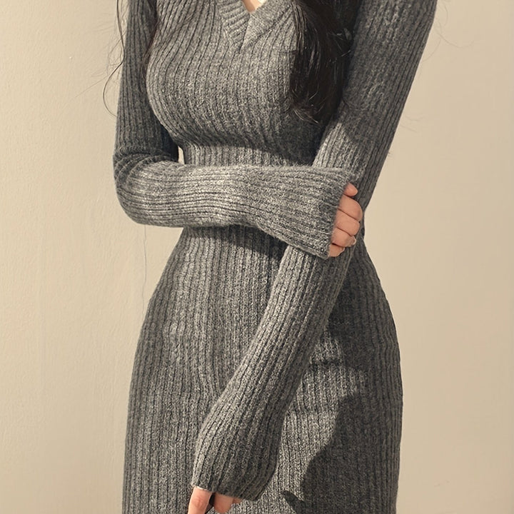 Ribbed V-neck Dress for Women