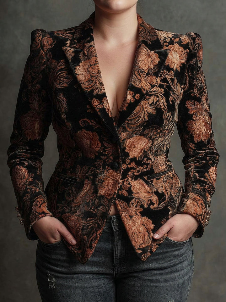 Women's floral jacquard blazer with lapels