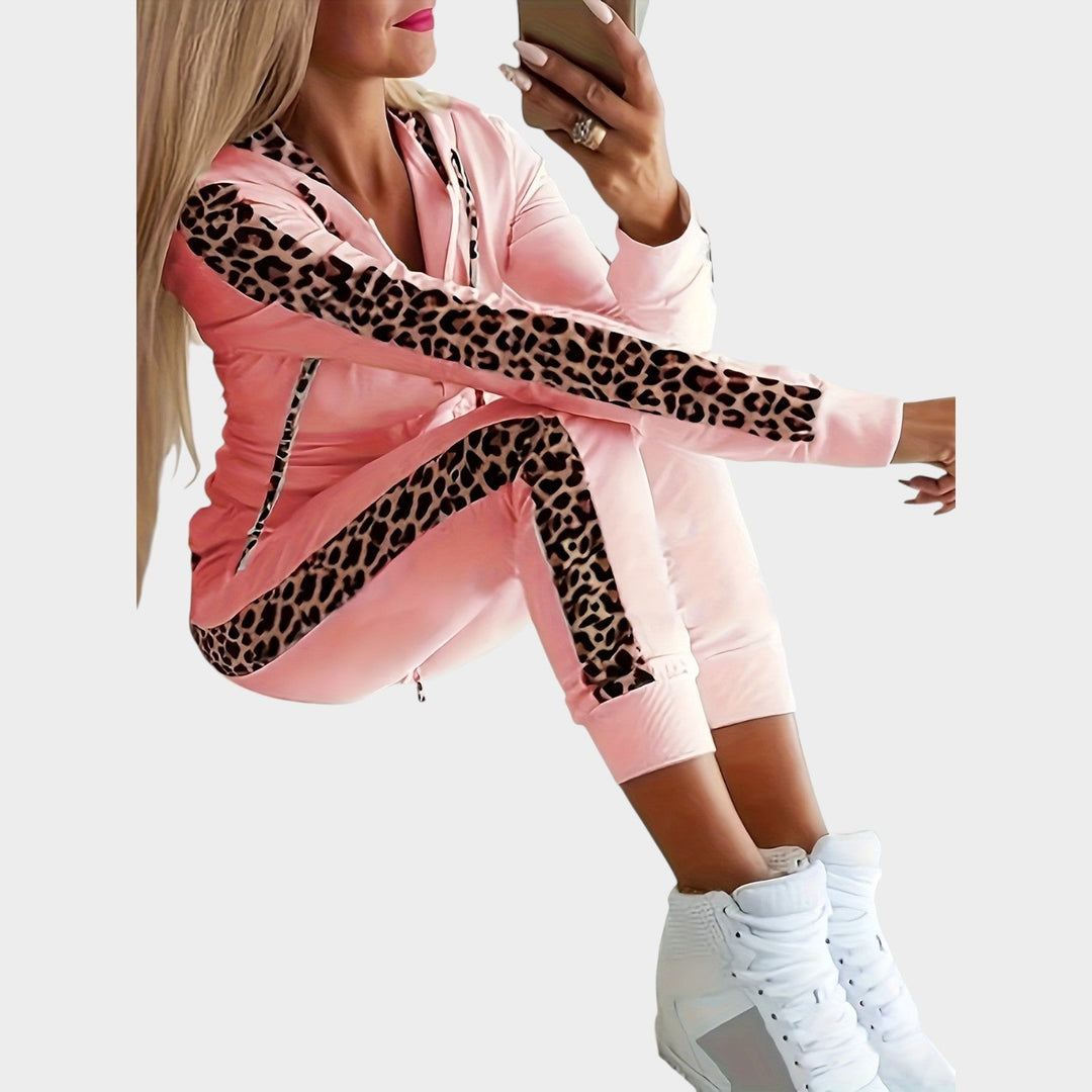 Dame-sæt i leopardprint med hætte, 2 dele