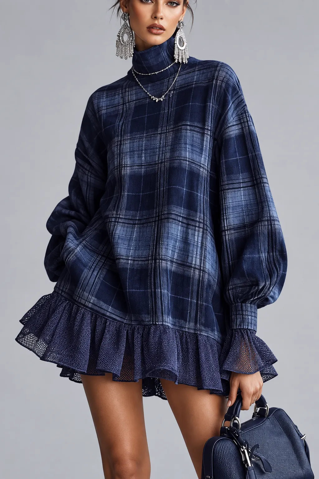 Women's Mini Dress with Checks and Ruffles