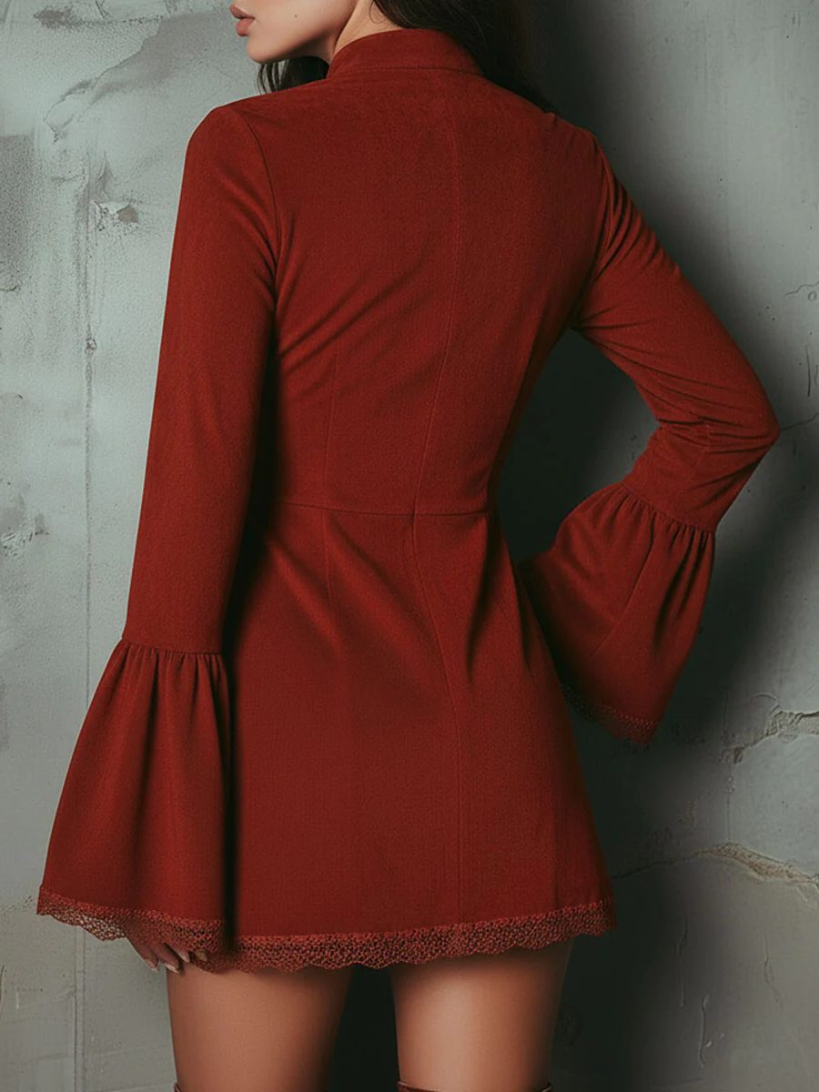Women's minidress with embroidery, trumpet sleeves, and lace trim