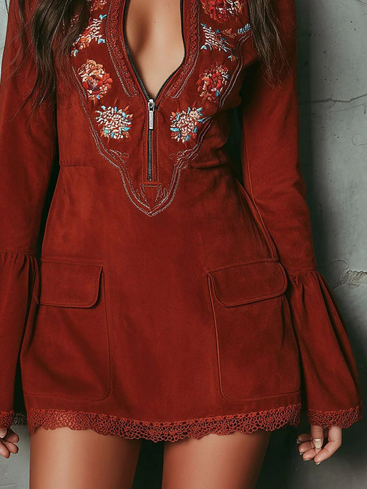 Women's minidress with embroidery, trumpet sleeves, and lace trim