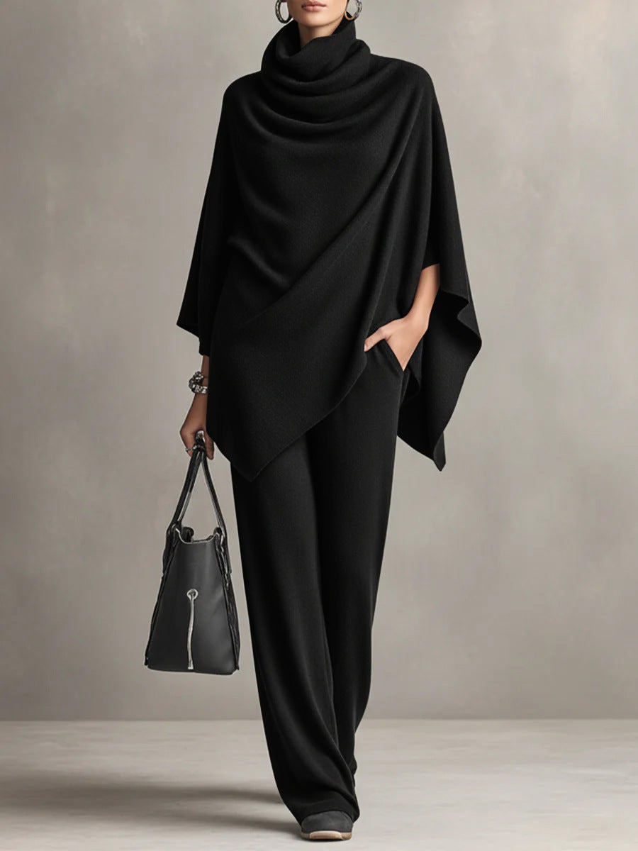 Dame-sæt med poncho i drapering, cowl neck og vidde bukser
