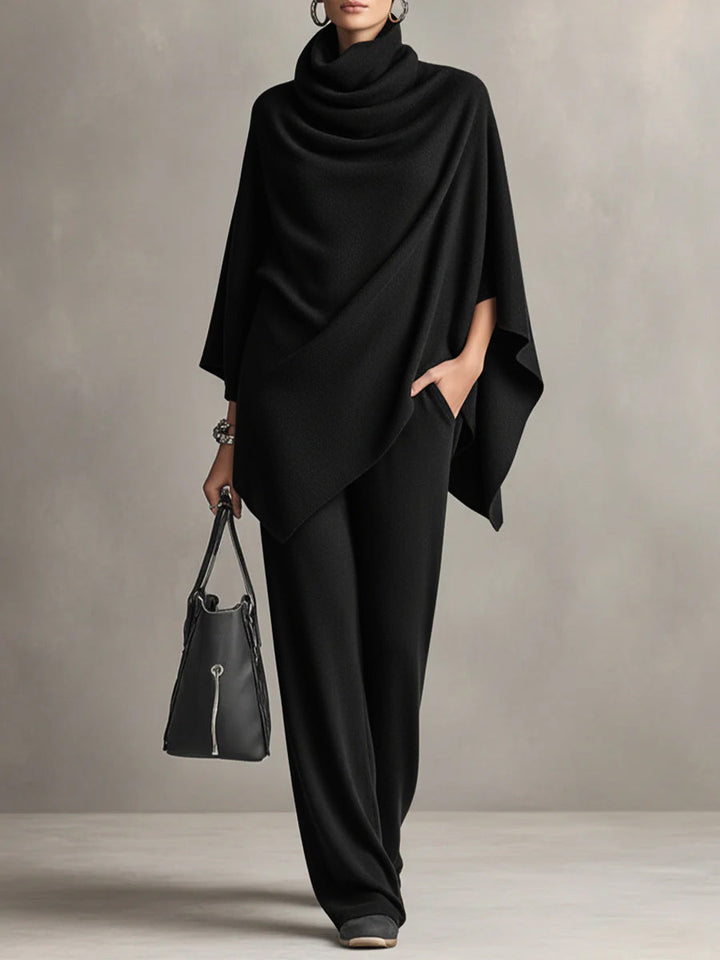 Dame-sæt med poncho i drapering, cowl neck og vidde bukser