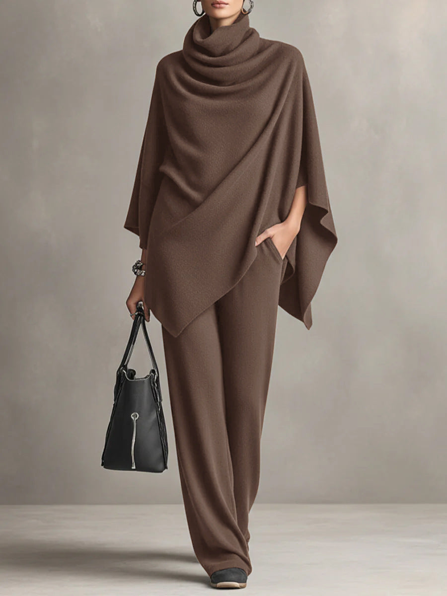 Dame-sæt med poncho i drapering, cowl neck og vidde bukser
