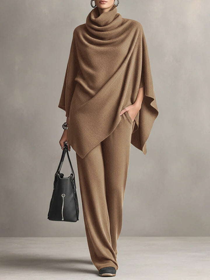 Dame-sæt med poncho i drapering, cowl neck og vidde bukser