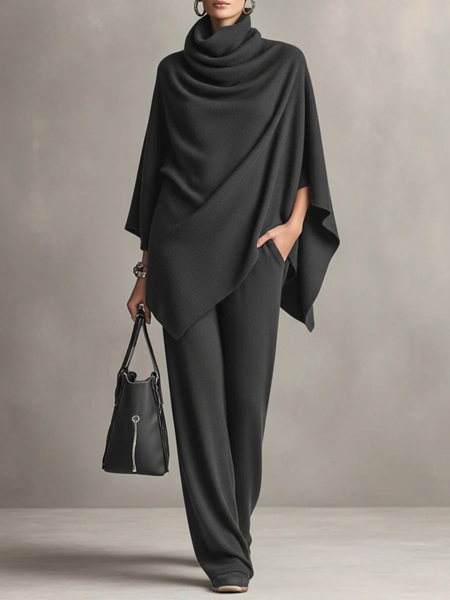 Dame-sæt med poncho i drapering, cowl neck og vidde bukser