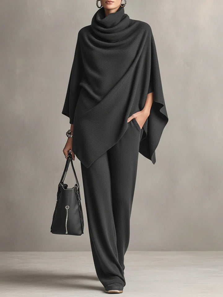 Dame-sæt med poncho i drapering, cowl neck og vidde bukser