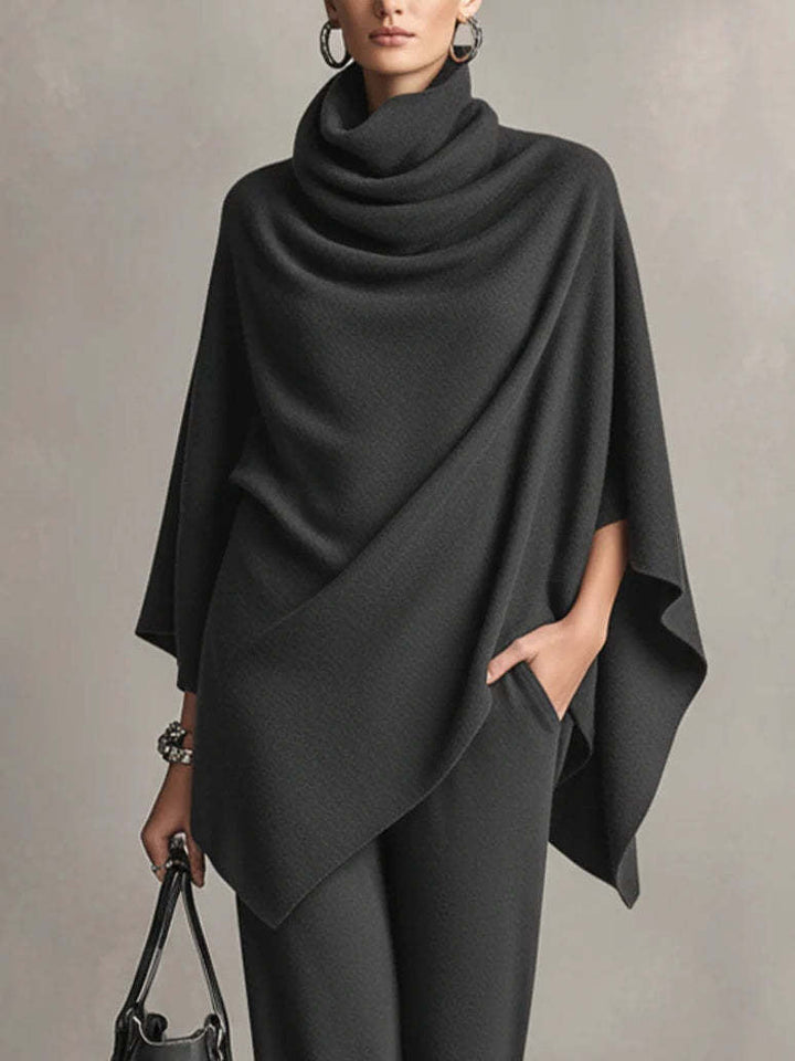 Dame-sæt med poncho i drapering, cowl neck og vidde bukser