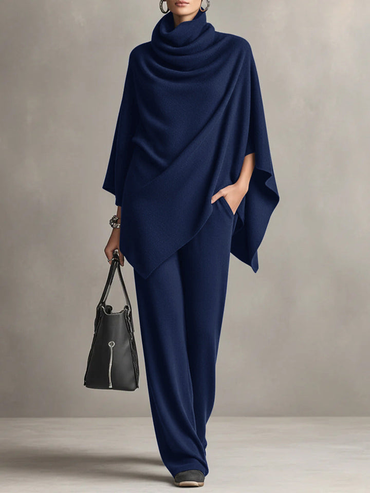 Dame-sæt med poncho i drapering, cowl neck og vidde bukser