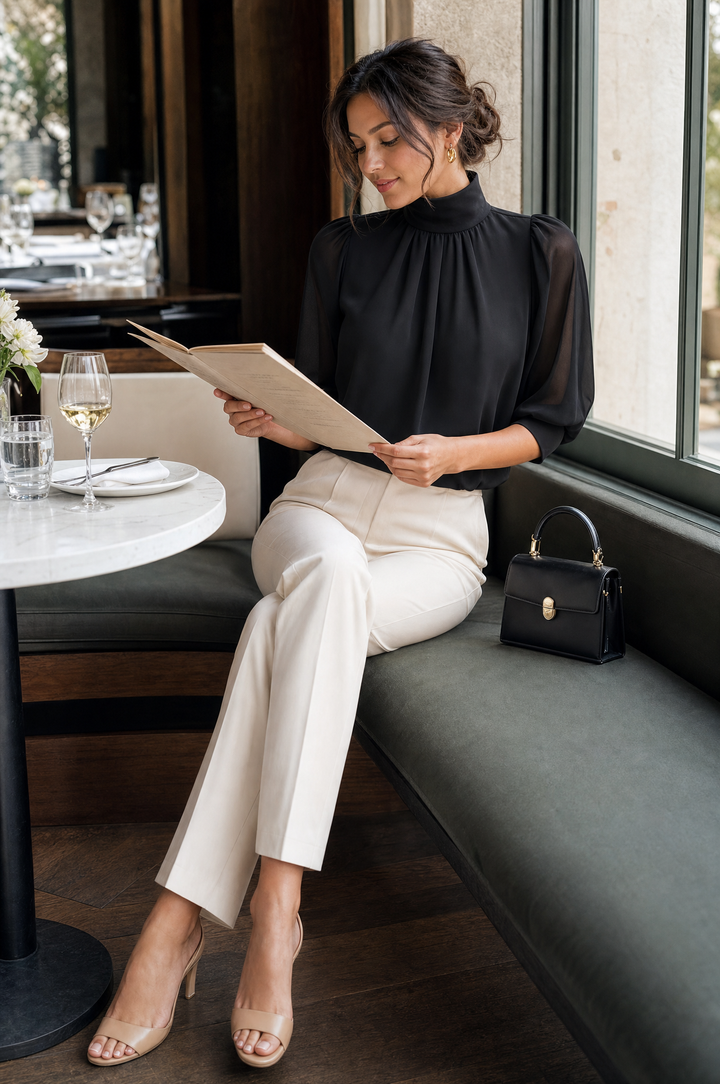 Chiffon Bluse med Pufærmer til Kvinder