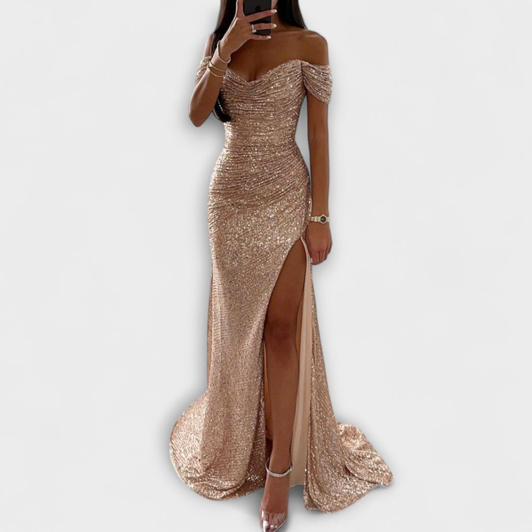 Glitter maxikjole til kvinder med off-shoulder og slids