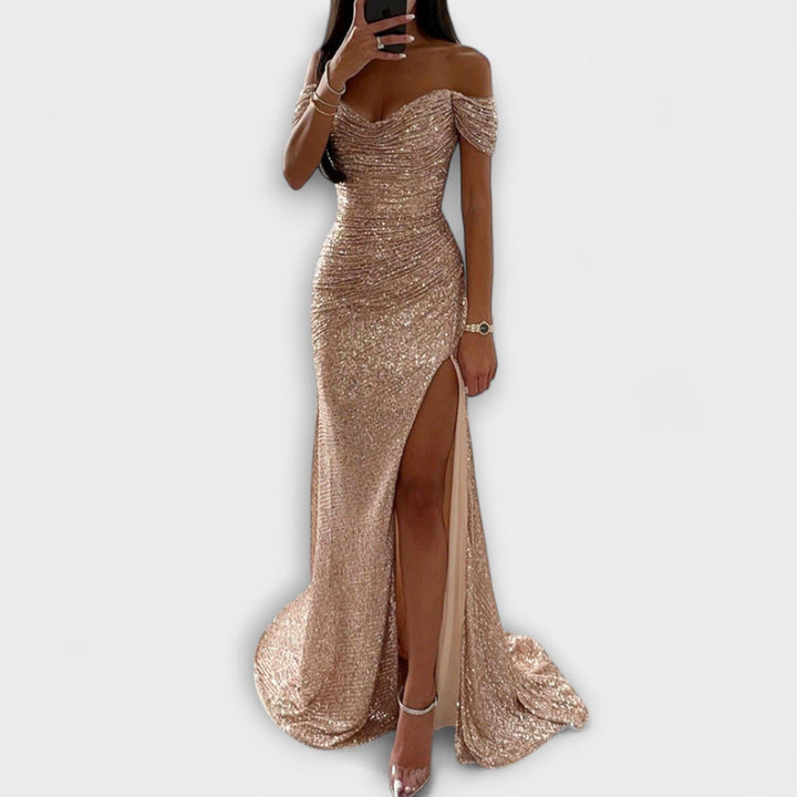 Glitter maxikjole til kvinder med off-shoulder og slids