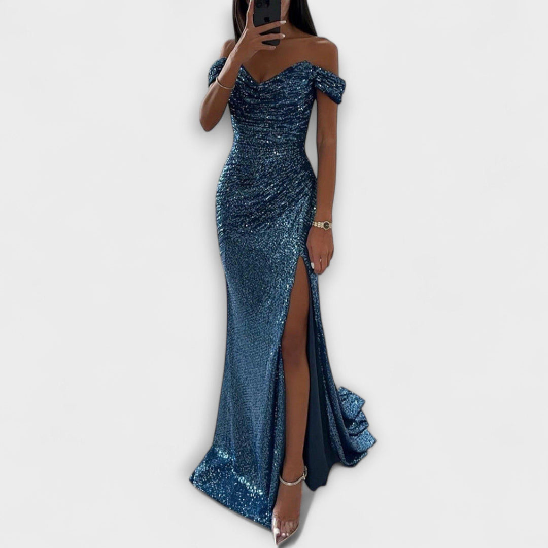 Glitter maxikjole til kvinder med off-shoulder og slids