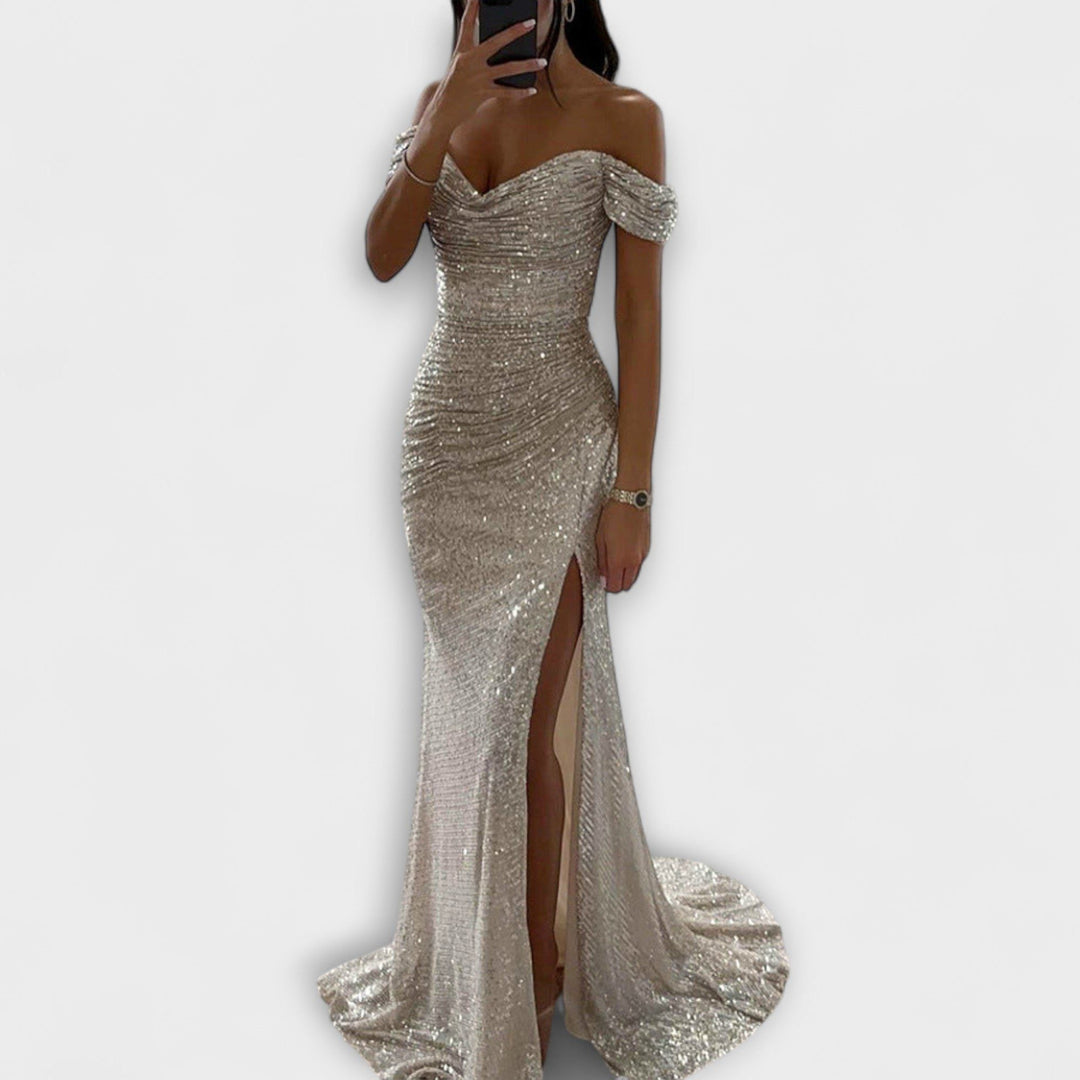 Glitter maxikjole til kvinder med off-shoulder og slids