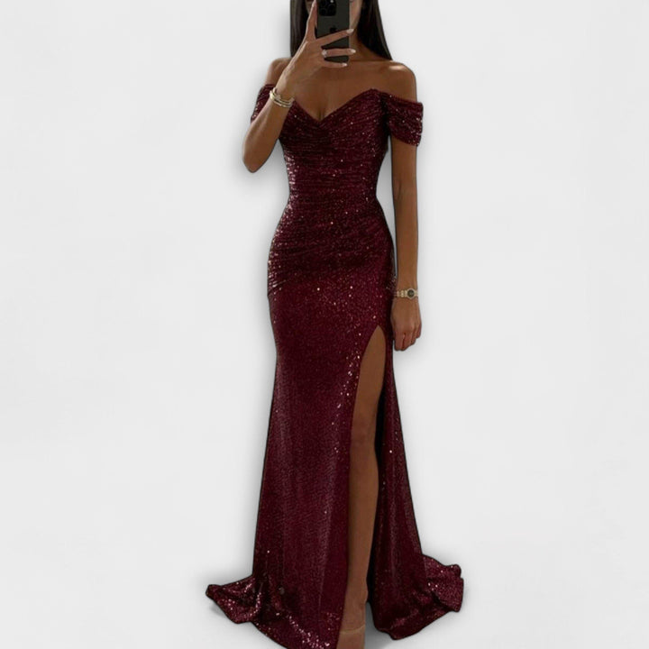 Glitter maxikjole til kvinder med off-shoulder og slids
