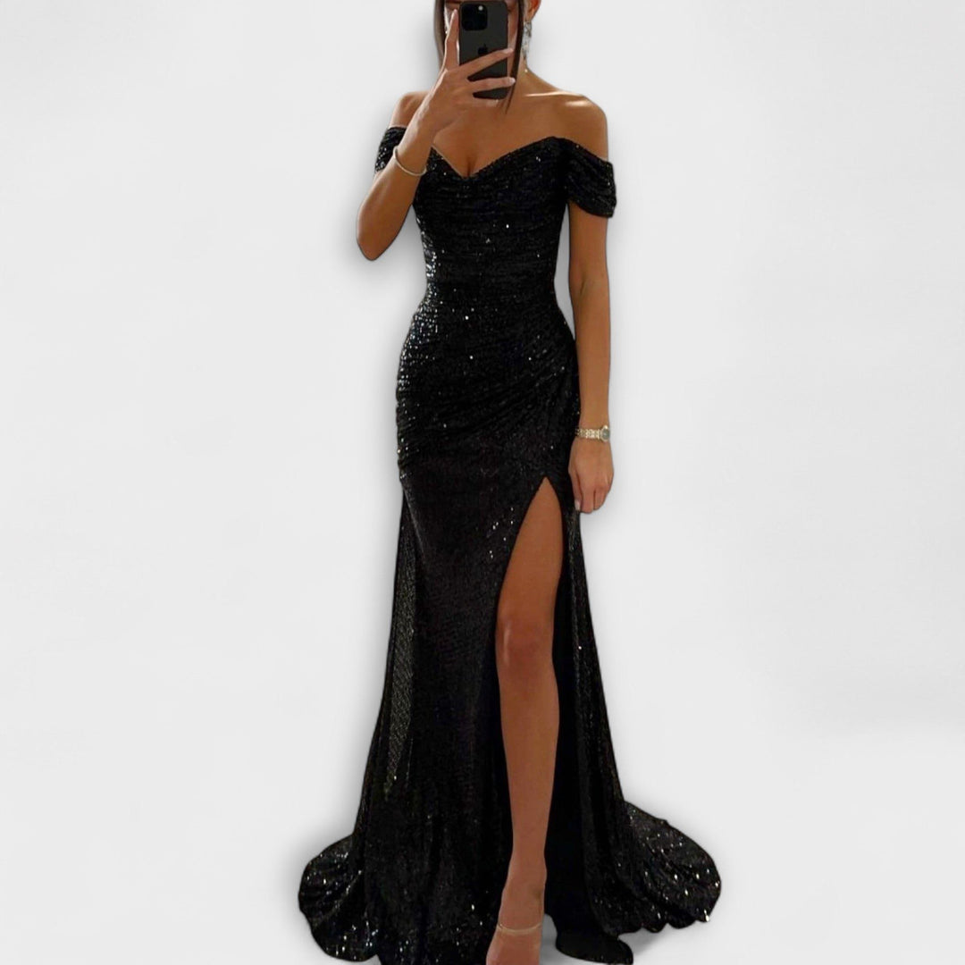 Glitter maxikjole til kvinder med off-shoulder og slids