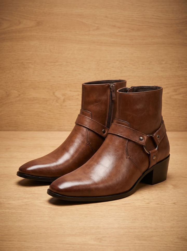 Leather boots with a strap and pointed toe for men