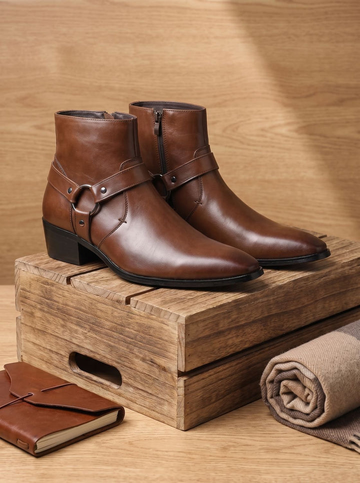 Leather boots with a strap and pointed toe for men