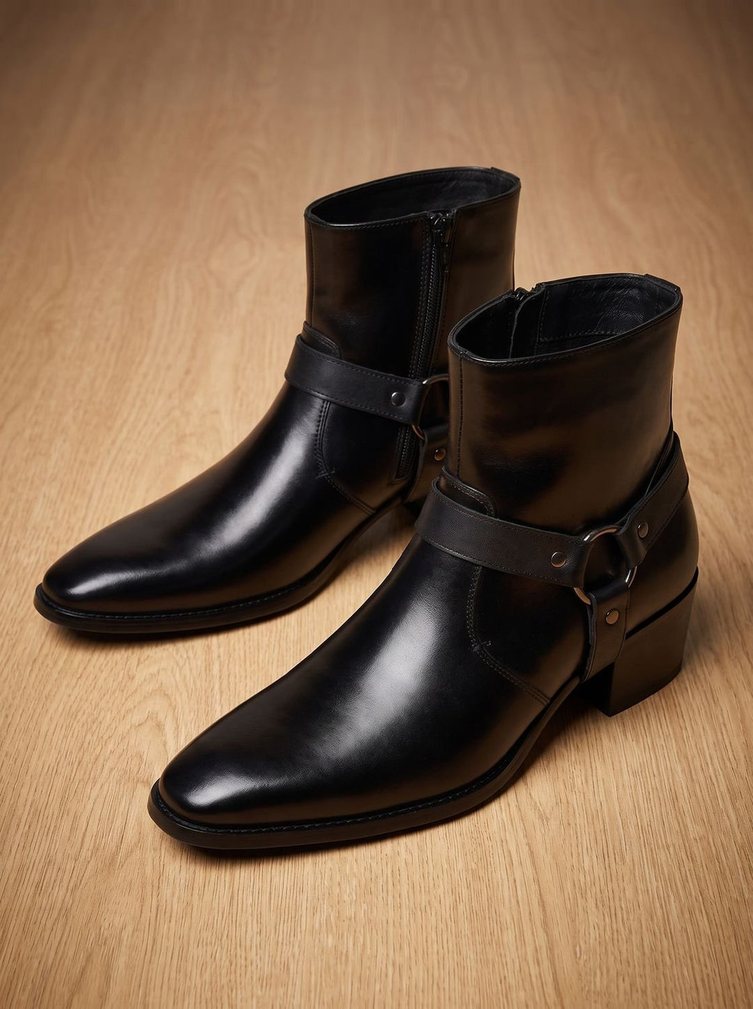 Leather boots with a strap and pointed toe for men