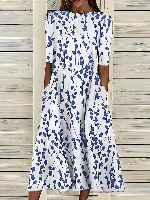 Floral Midi Dress with Round Neck