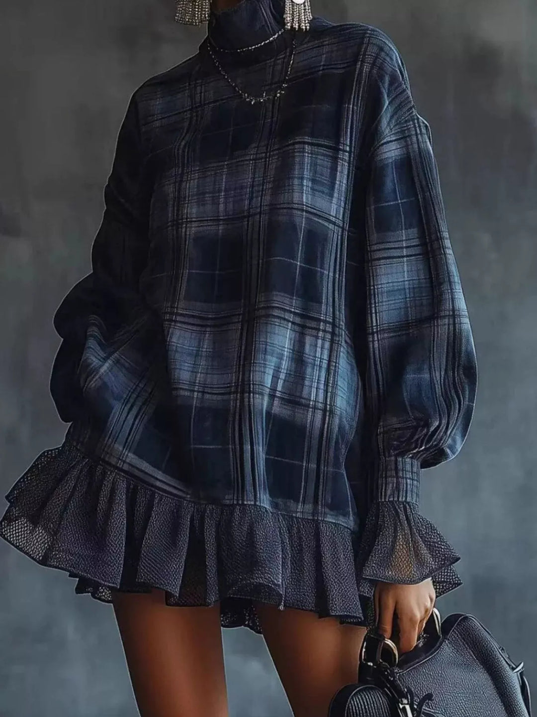 Women's Mini Dress with Checks and Ruffles