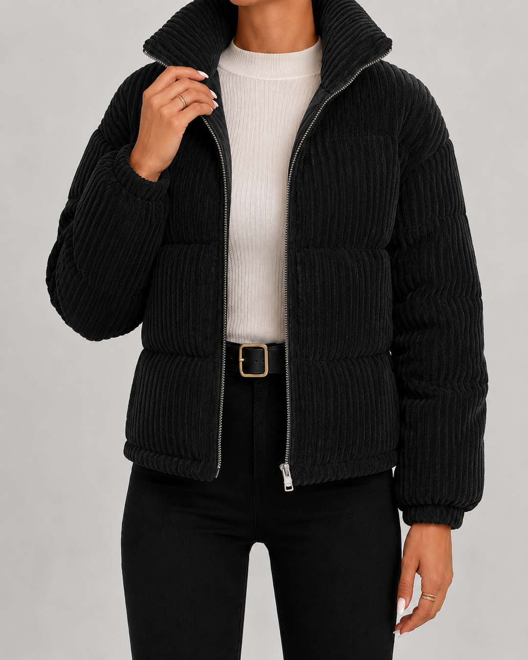 Quilted Velvet Winter Jacket with High Collar for Women