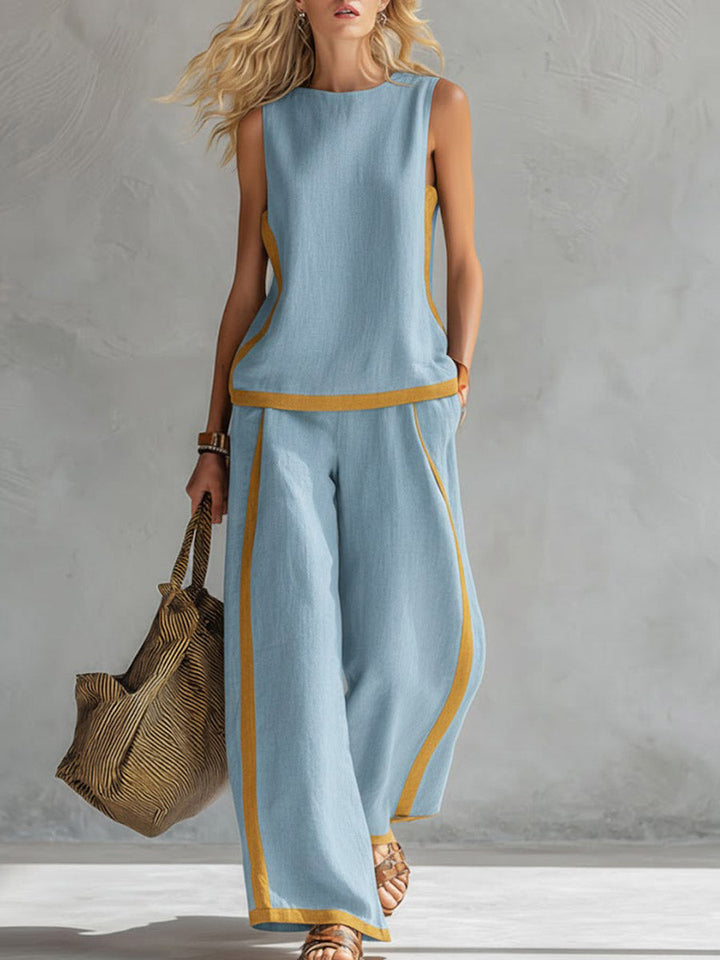 Sleeveless Top with a Round Neck and High-Waisted Wide-Leg Pants for Women