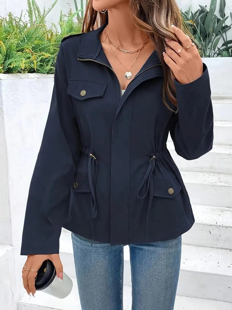 Women's Hooded Jacket with Patch Pockets and Adjustable Waist