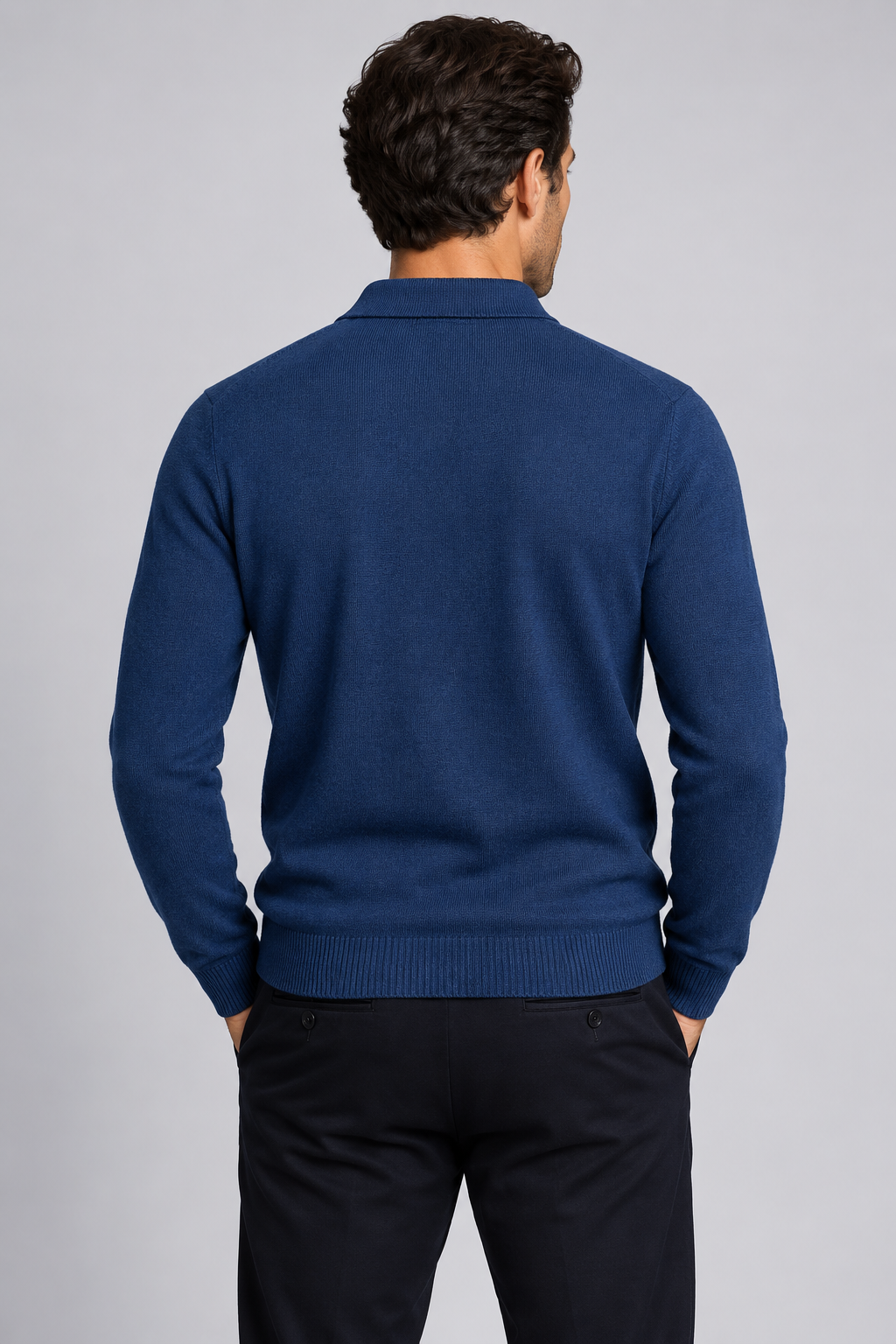 Herre polosweater i merinould og kashmir med jacquardstrik