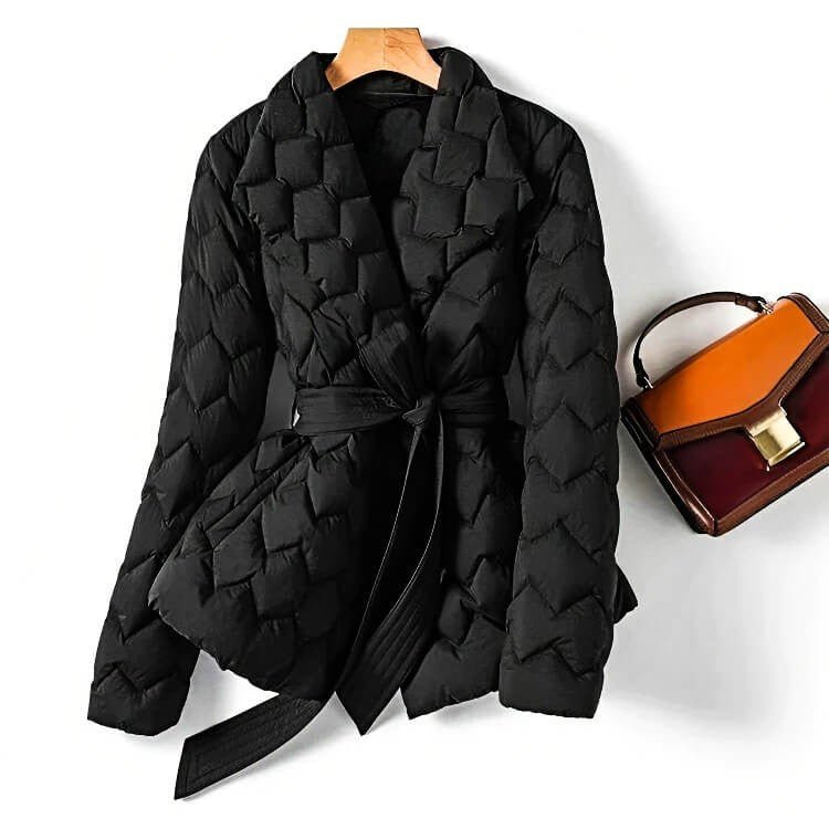 Quilted Jacket with Lapel Collar and Tie Belt for Women