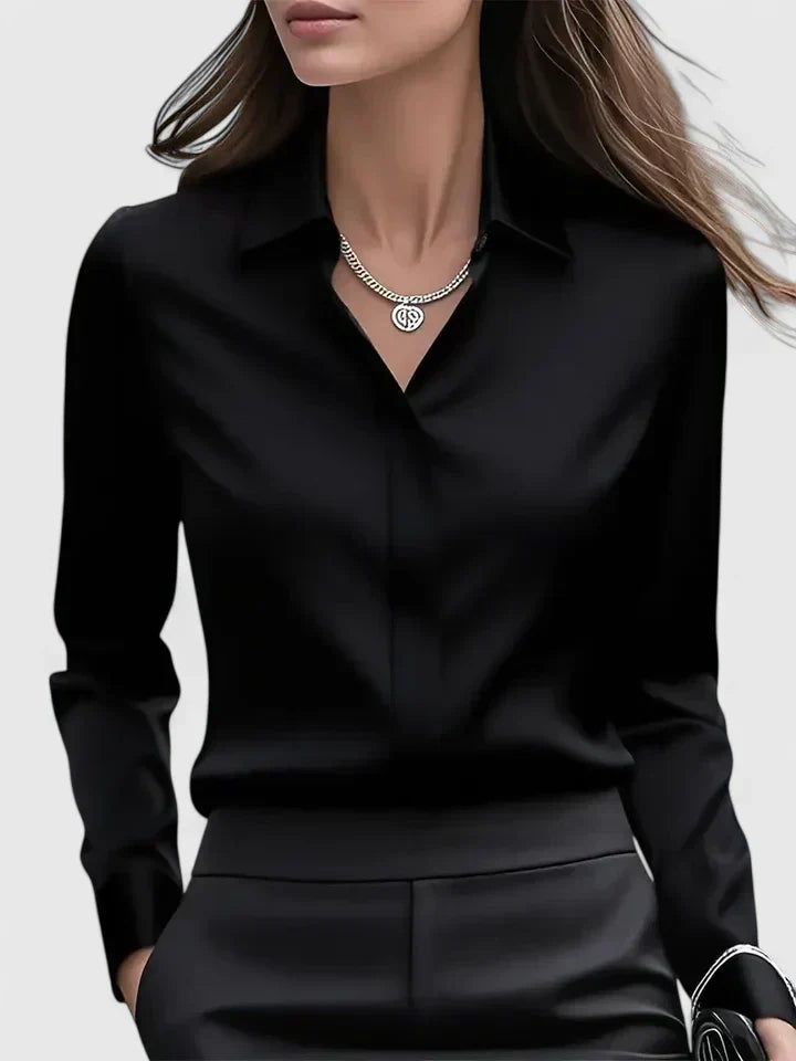 Long-Sleeved Shirt with Hidden Button Closure and Curved Hem for Women