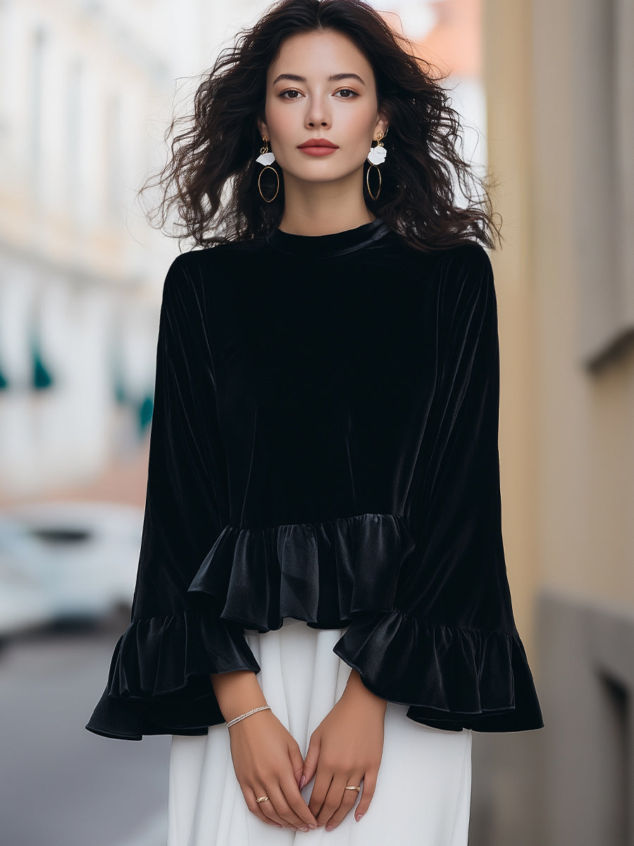 Velvet Bluse med Flæsekant til Kvinder