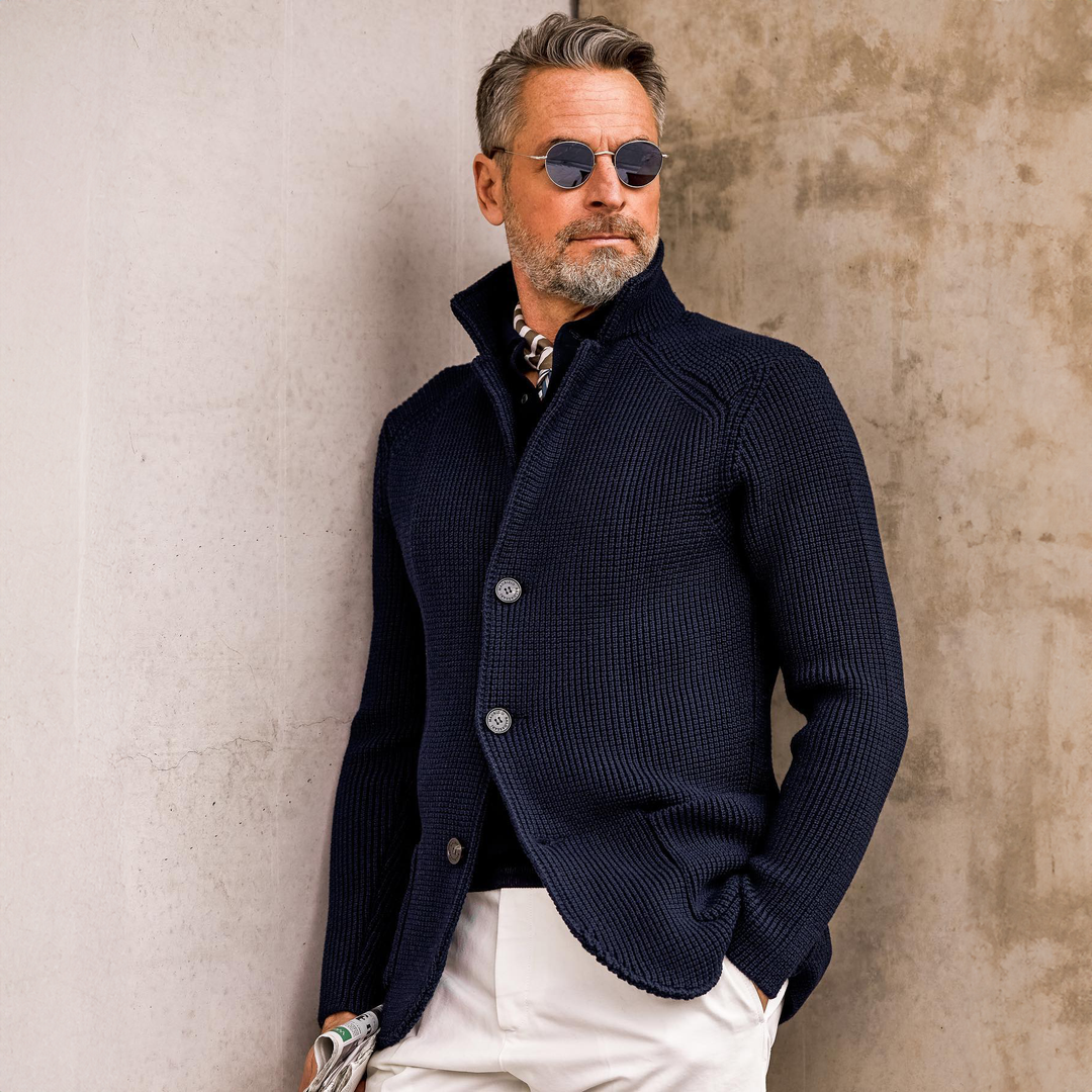 Knitted Cardigan with Stand Collar for Men