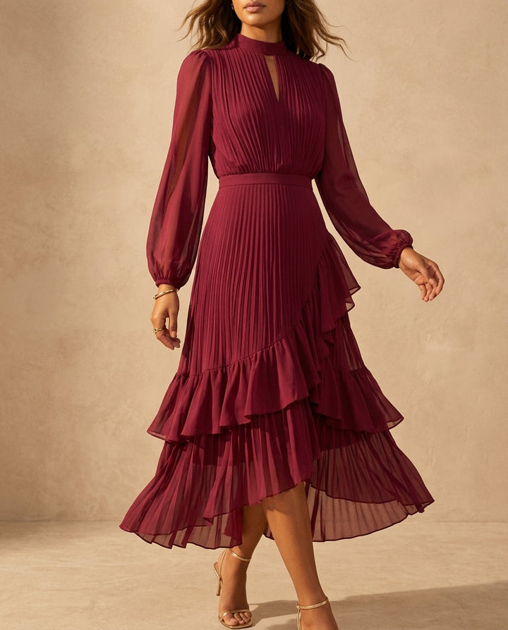 Plisseret Midikjole med Keyhole-udskæring til Kvinder