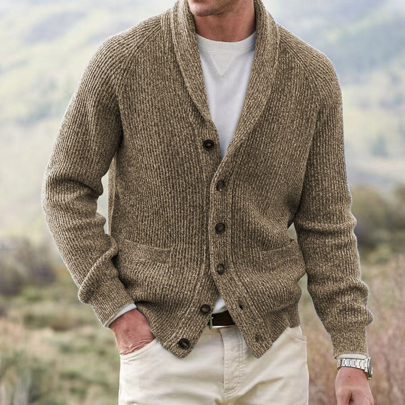 Ribbed Cardigan for Men with Shawl Collar, Buttons, and Raglan Sleeves