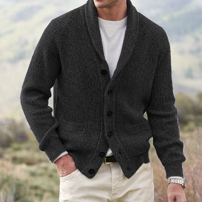 Ribbed Cardigan for Men with Shawl Collar, Buttons, and Raglan Sleeves