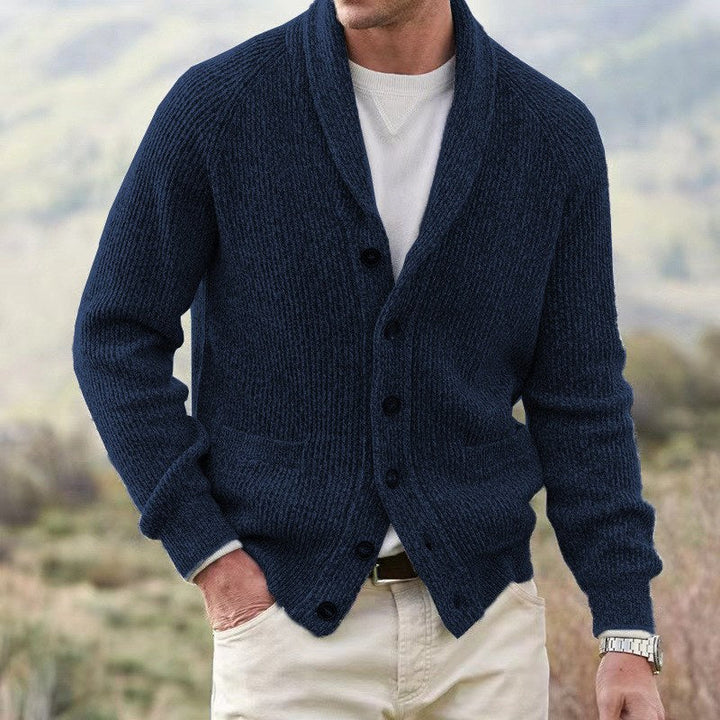 Ribbed Cardigan for Men with Shawl Collar, Buttons, and Raglan Sleeves